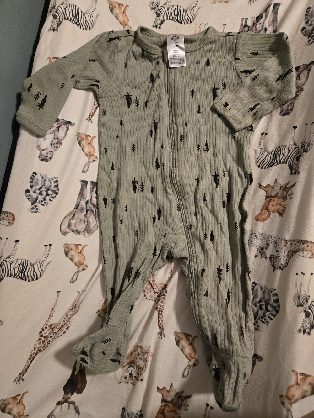 Gerber Sage Green Ribbed Footed One-Piece with Tree Print